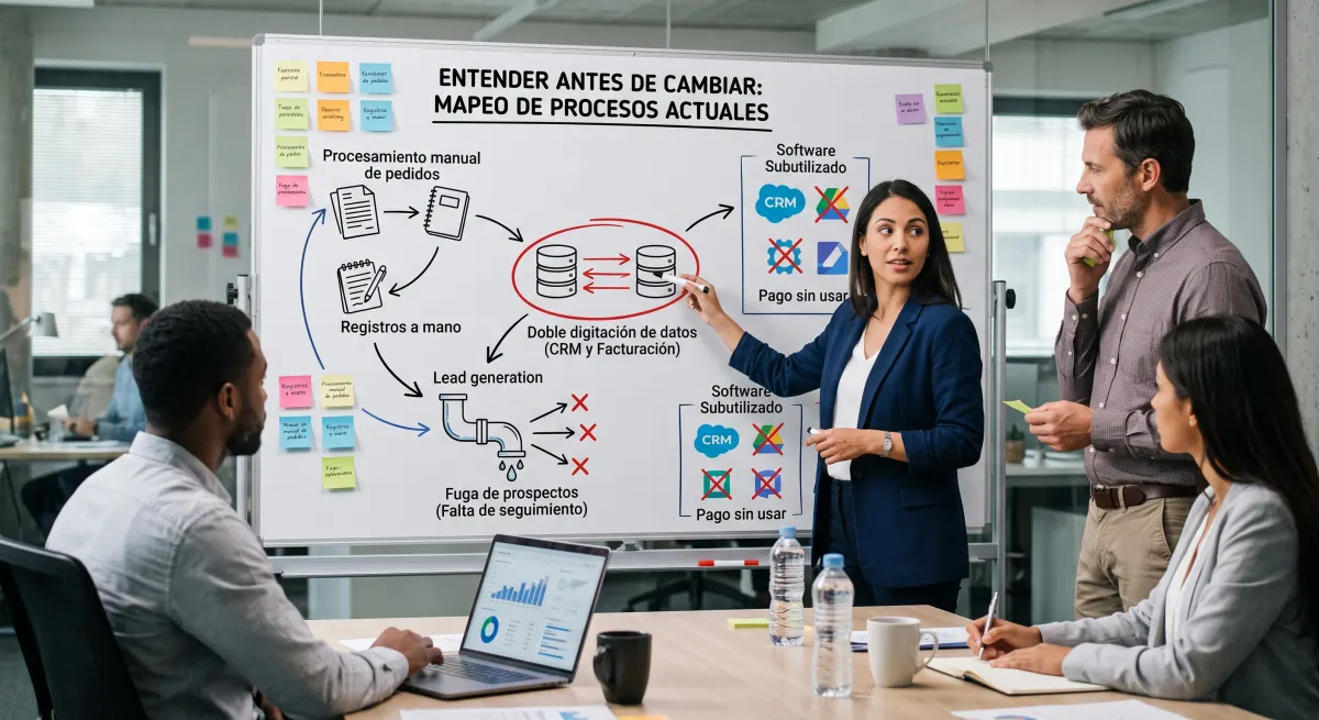 Consultora explicando en una pizarra el mapeo de los procesos actuales de una empresa: procesamiento manual de pedidos, doble digitación entre CRM y facturación, y fuga de prospectos