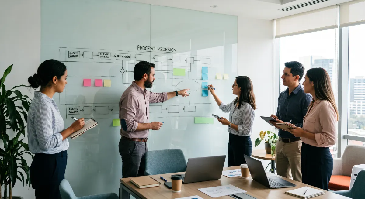Equipo rediseñando en una pizarra de vidrio el flujo de un proceso — solicitud del cliente, aprobación y pasos siguientes — con notas adhesivas de ajustes