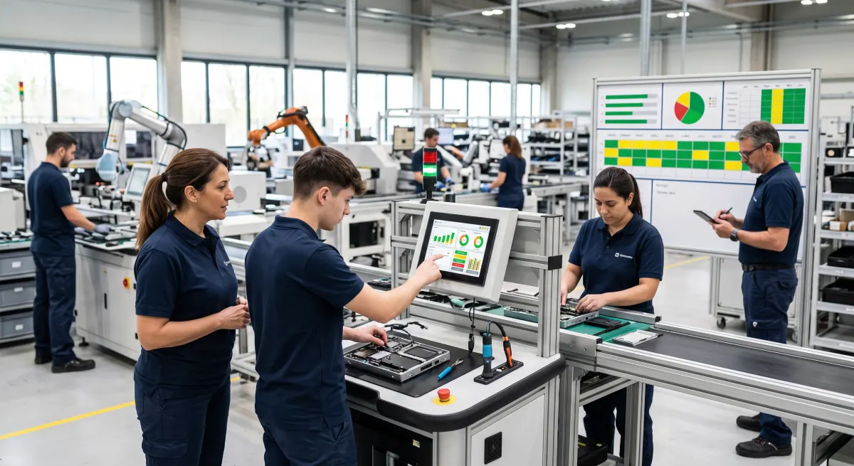Equipo en planta operando el sistema ya implementado: tablero táctil con indicadores en vivo y pizarra de seguimiento mensual al fondo